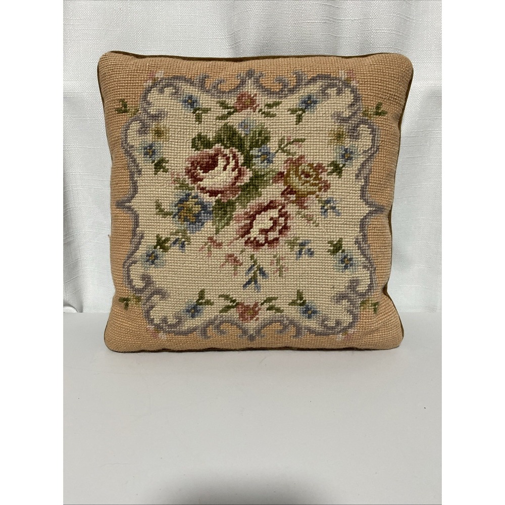 Vintage 12x12 Rose Petit Needlepoint Pillow Floral Cottage Throw Accent Pillow